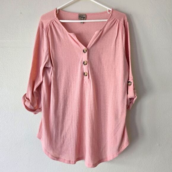 Como Vintage Tops - COMO VINTAGE Pink Coral VNeck Quarter Sleeve Top Ribbed Shirt Button Down XL